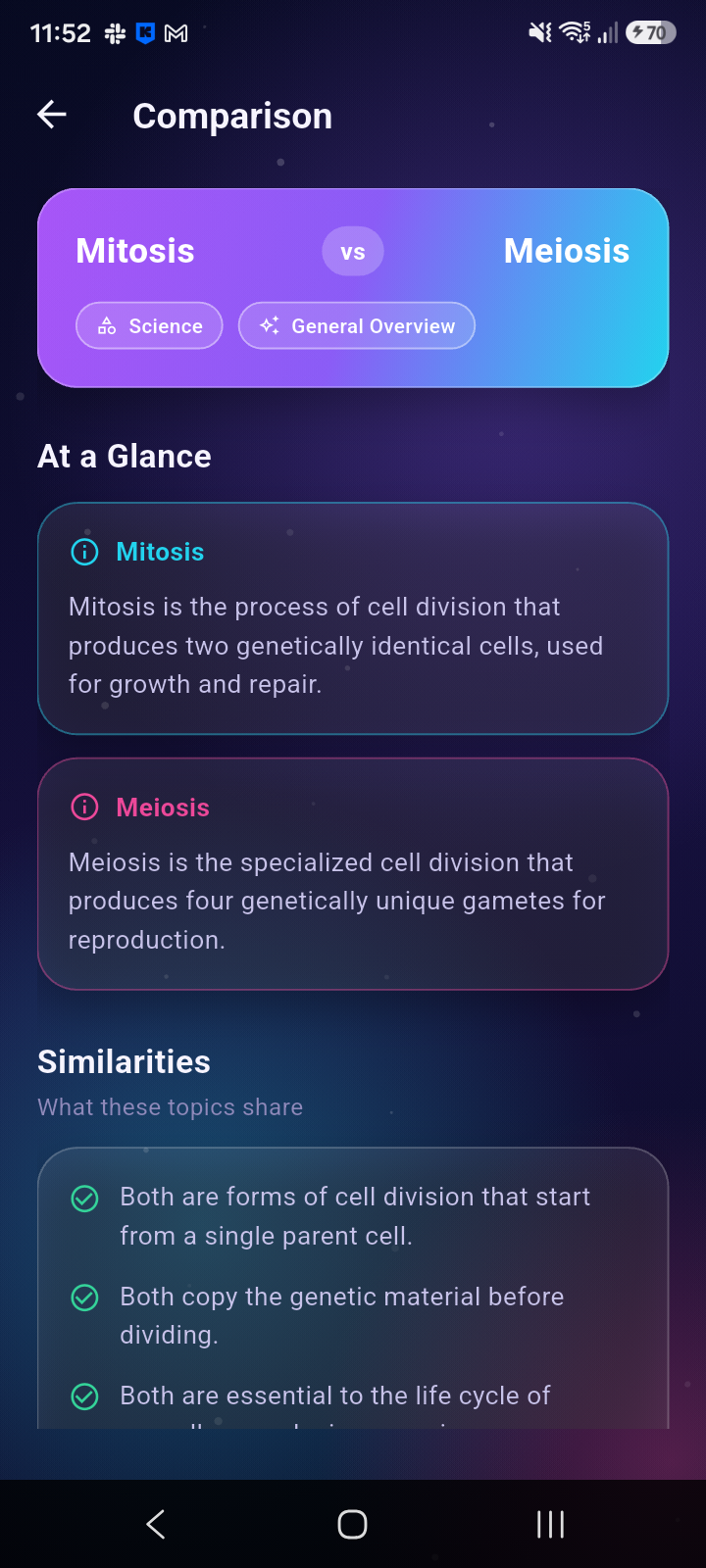 CompareWise comparison screen for Mitosis and Meiosis