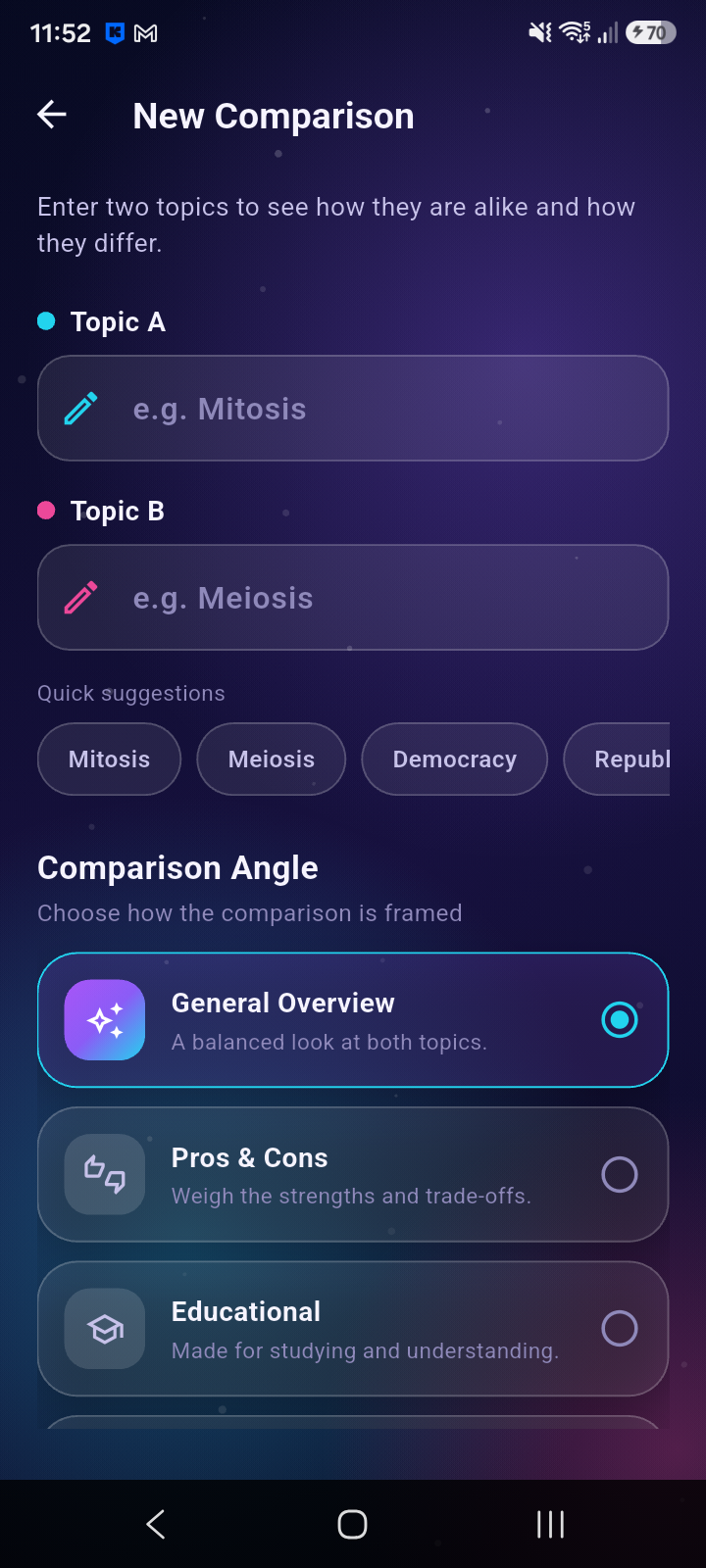 CompareWise new comparison setup screen