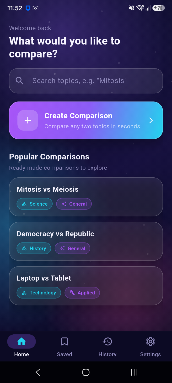 CompareWise home screen with popular comparisons